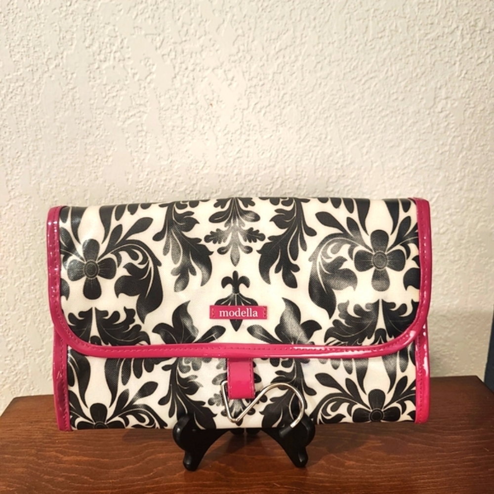 Modella Black and White folding Floral Cosmetic Case with Pink Trim